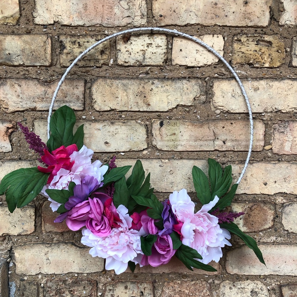 Abstract Purple & Pink Floral Flower Silver Sparkle Hoop Wreath
